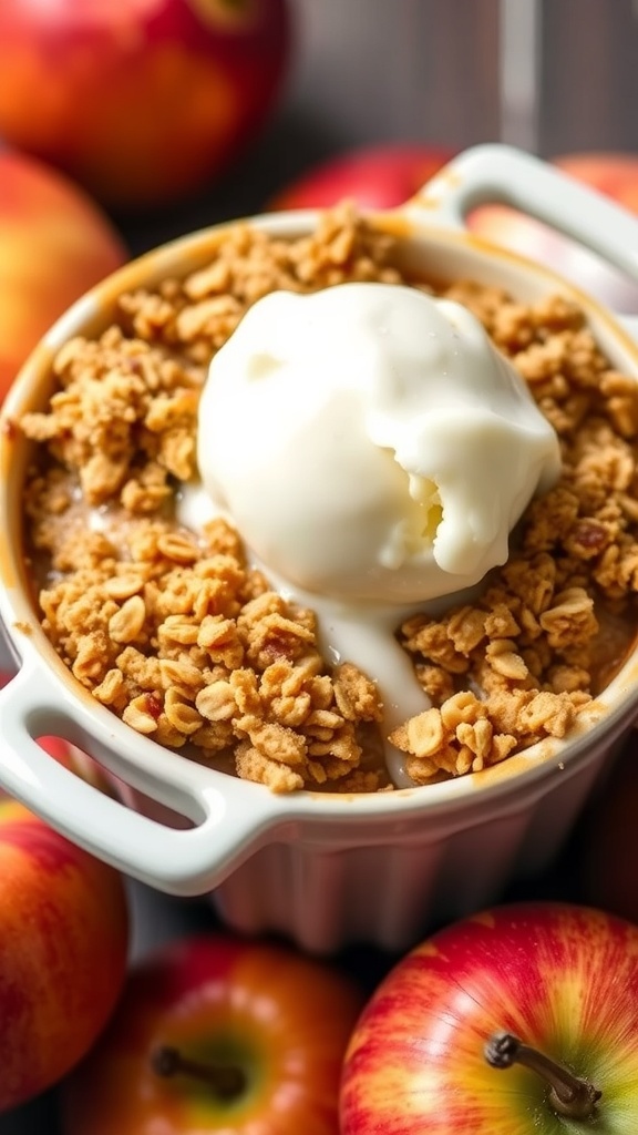 Individual Apple Crumble Recipe Individual apple crumble with oat topping and vanilla ice cream, surrounded by fresh apples.